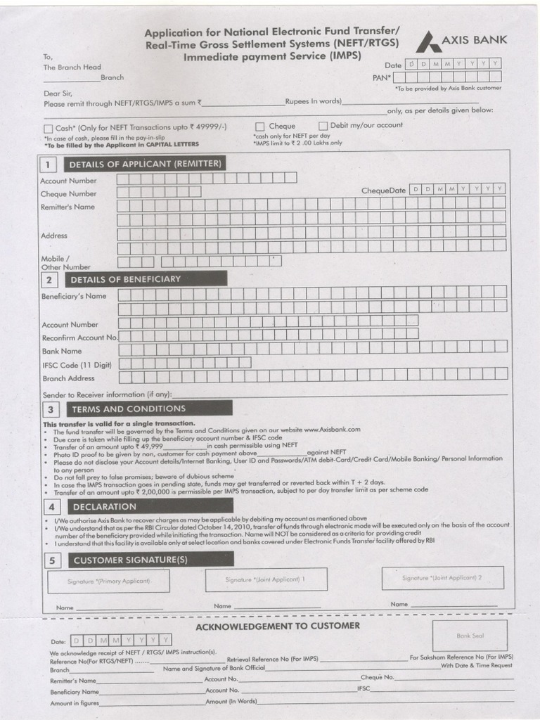 Axis Bank RTGS Form PDF