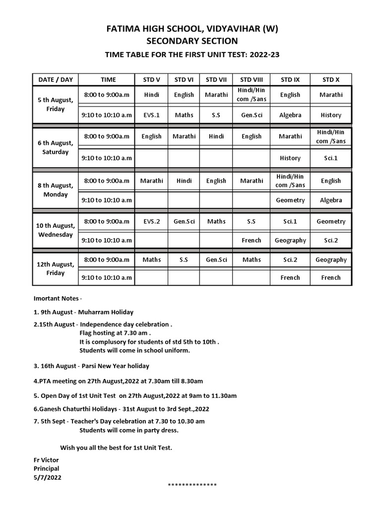 Fatima High School, Vidyavihar (W) Secondary Section Time Table For