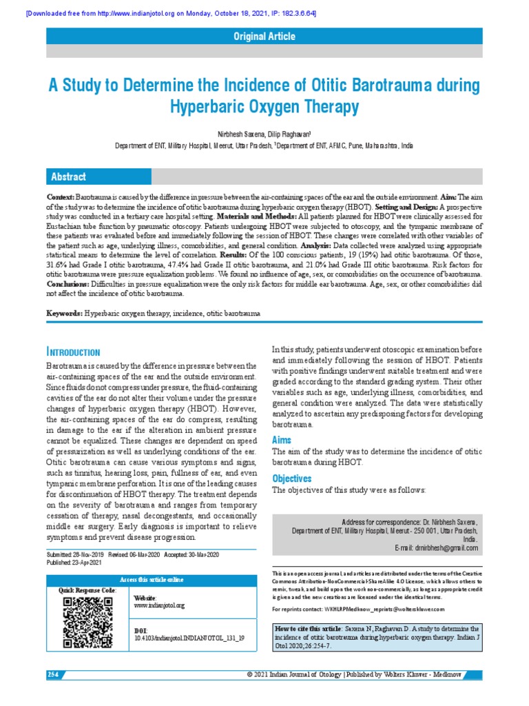 A Study To Determine The Incidence of Otitic Barotrauma During
