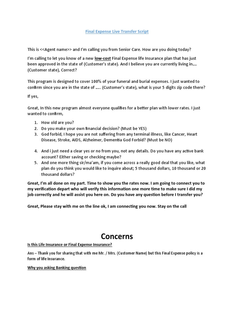 Concerns Final Expense Live Transfer Script PDF Insurance Health
