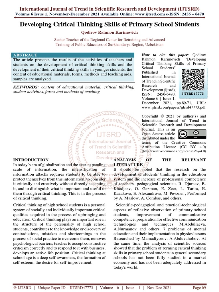 Developing Critical Thinking Skills of Primary School Students | PDF ...