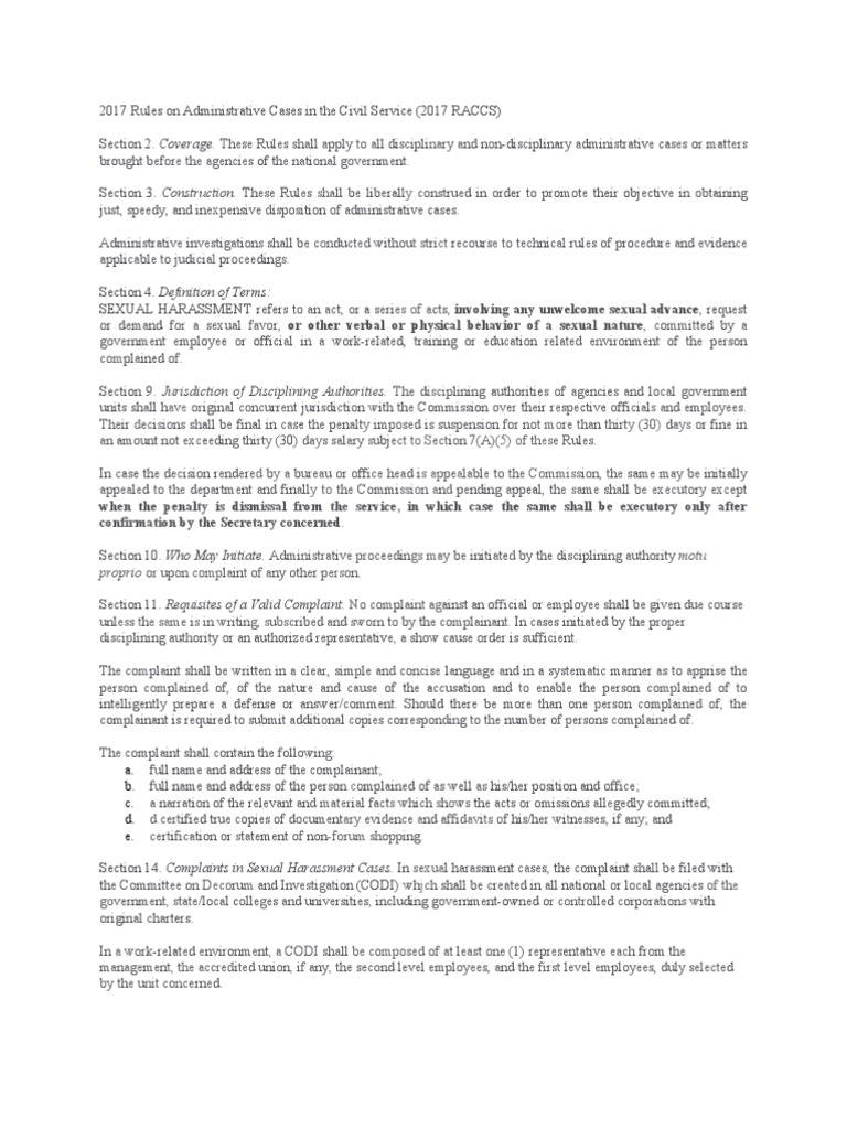 2017 Rules On Administrative Cases in The Civil Service PDF Sexual Harassment Complaint