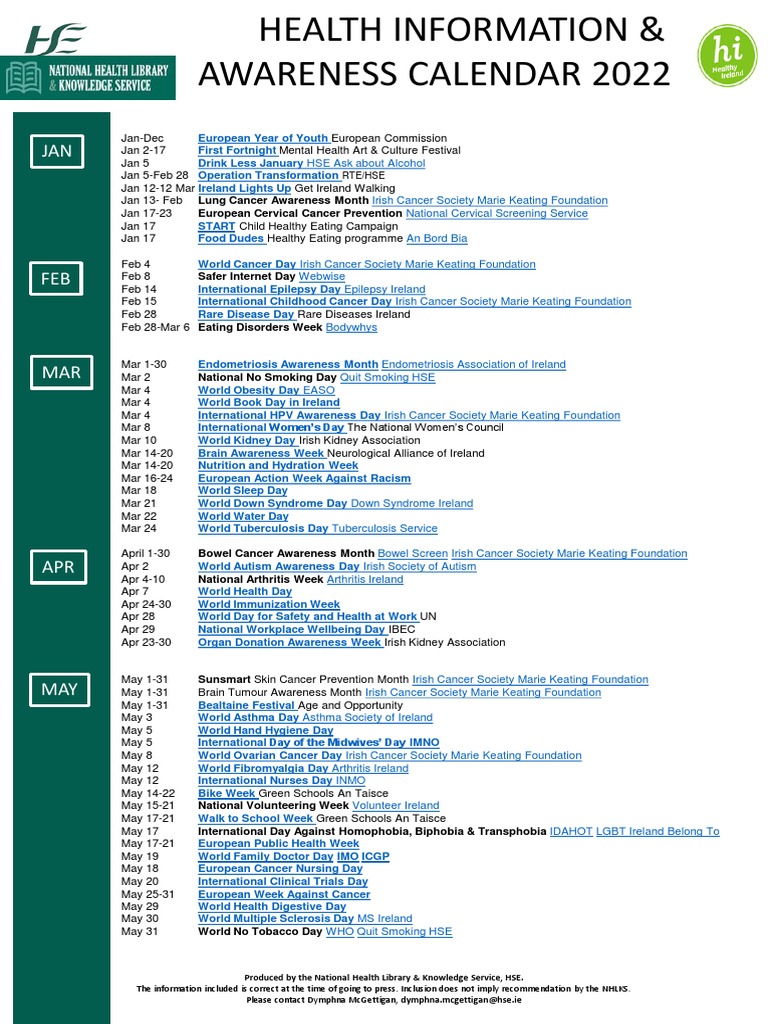 Health Information and Awareness Calendar 2022 PDF Cancer