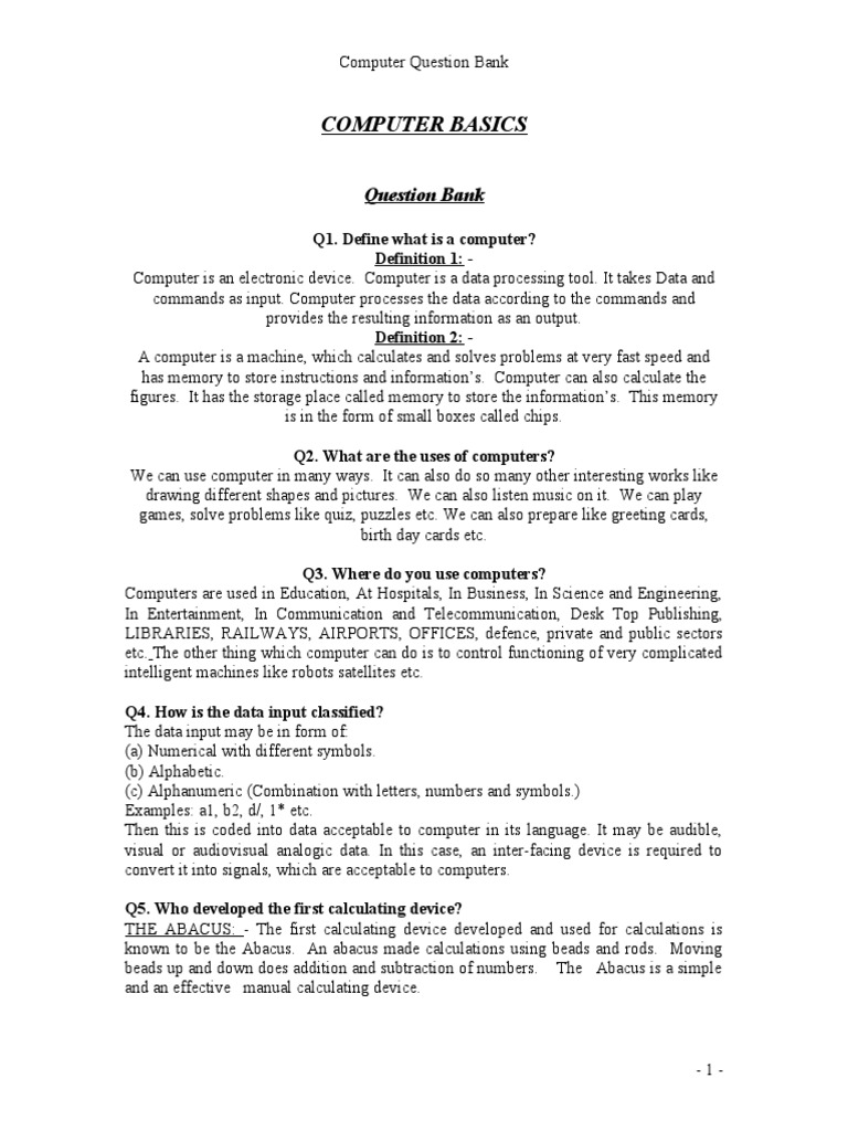 Computer Basics: Question Bank | PDF | Computer Data Storage | Assembly ...