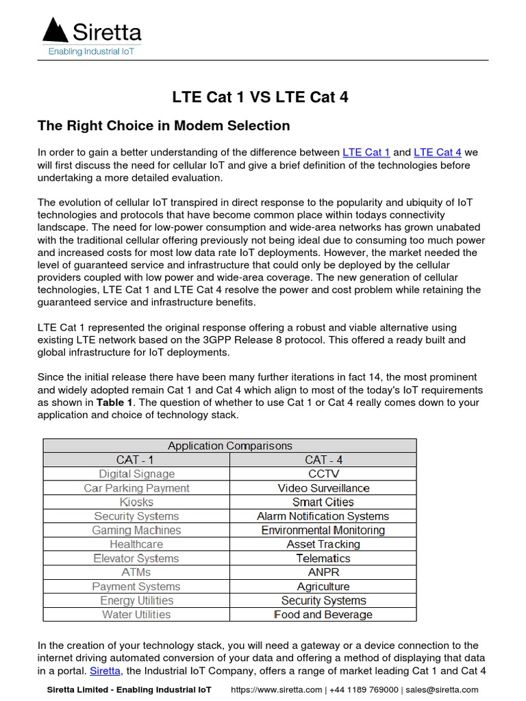 Lte Cat 1 Vs Lte Cat 4 PDF Lte Of Things