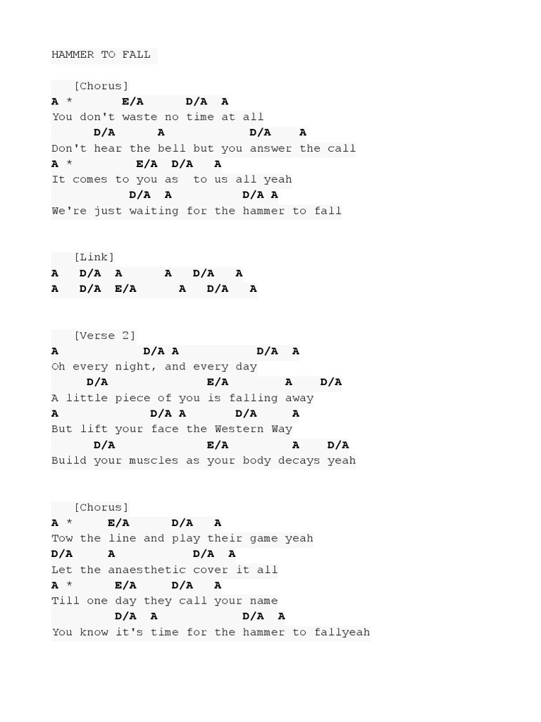 Hammer to Fall Chords and Lyrics | PDF | Song Structure | Songs