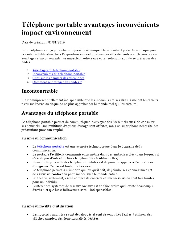 Téléphone portable avantages inconvénients impact environnement