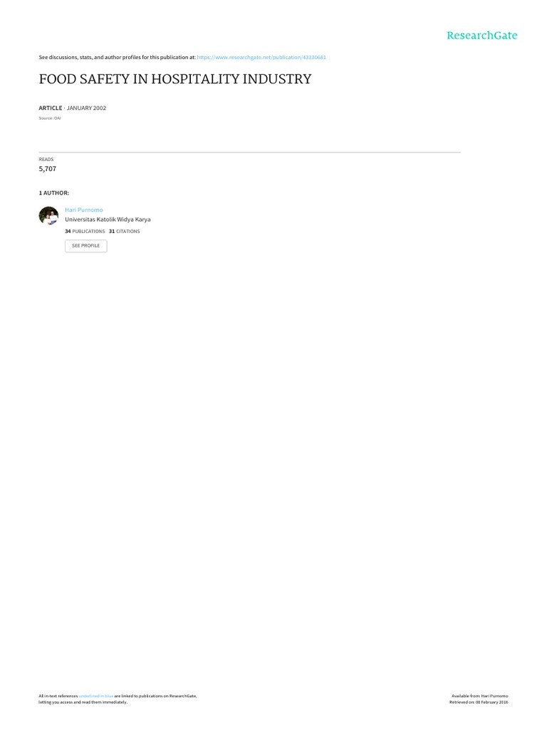 Food Safety in Hospitality Industry JANUARY 2002 PDF Foods Food