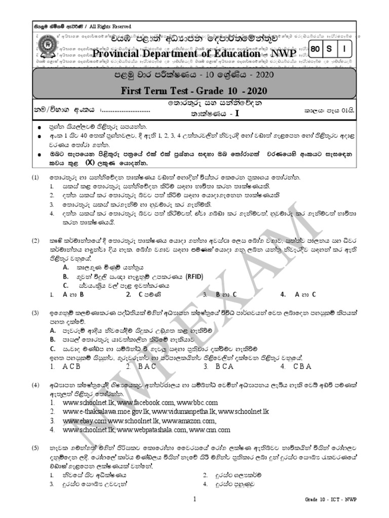Grade 10 Information And Communication Technology 1st Term Test Paper