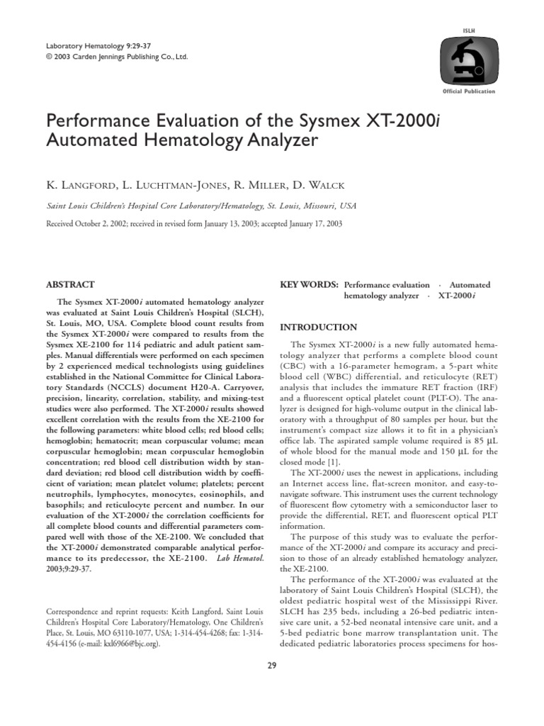 005 Performance Evaluation of The Sysmex XT-2000i | PDF | White Blood ...