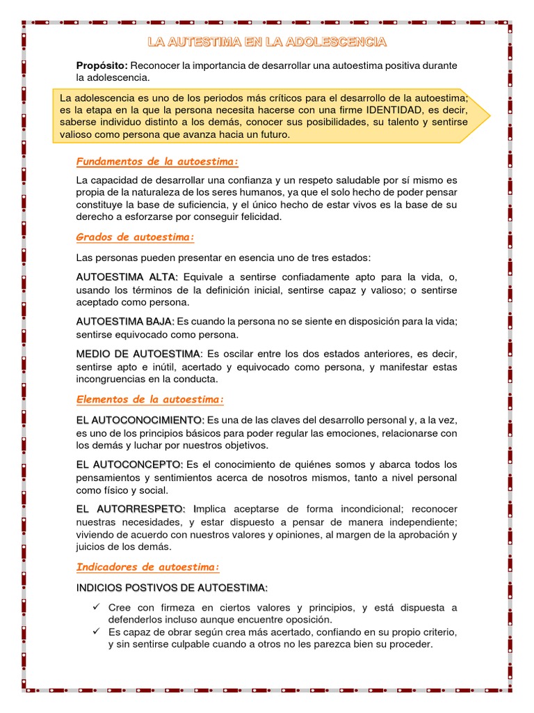 Importancia de la Autoestima en la Adolescencia | PDF | Autoestima ...