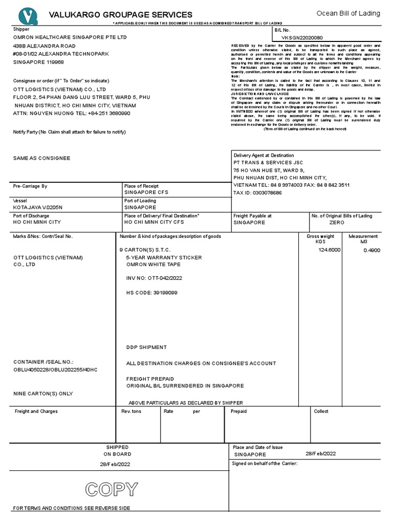 SS2202036 - House BL | PDF | Bill Of Lading | Cargo