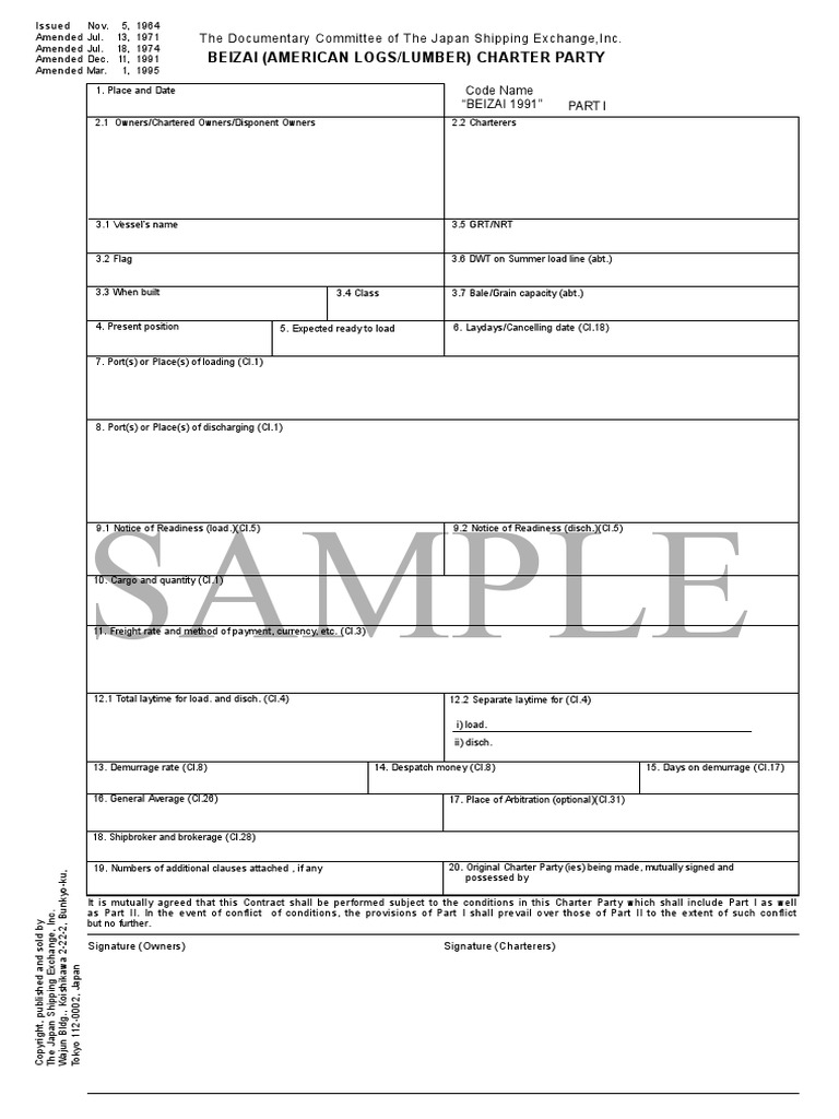 Sample: Beizai (American Logs/Lumber) Charter Party | PDF | Cargo ...