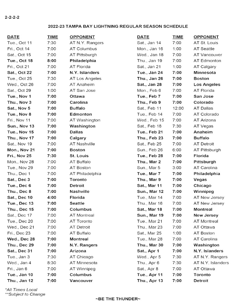 Tampa Bay Lightning Regular Season Schedule | PDF