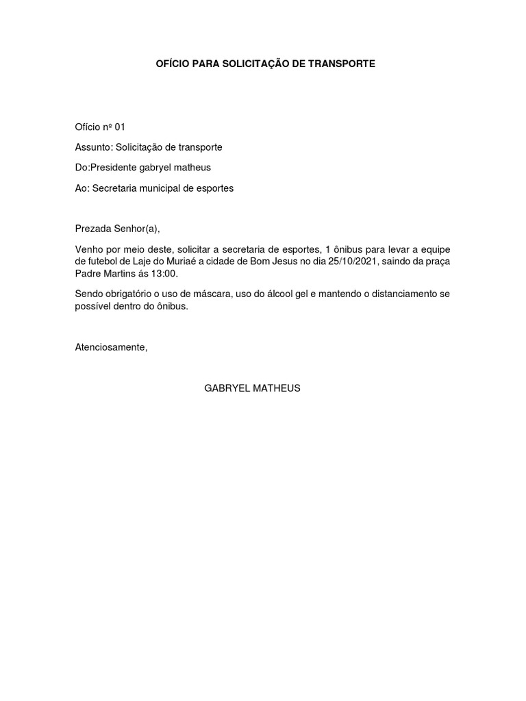 Modelo Ofício para Solicitação de Transporte PDF