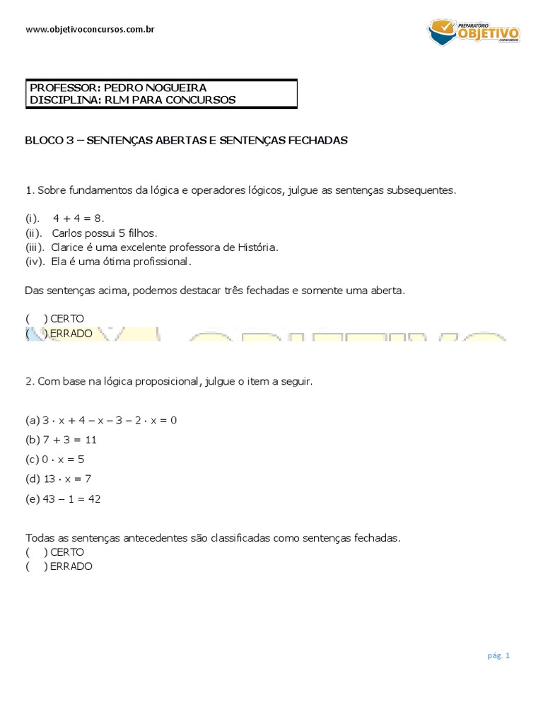 Sentenças Abertas e Fechadas na Lógica | PDF | Lógica matemática | Lógica