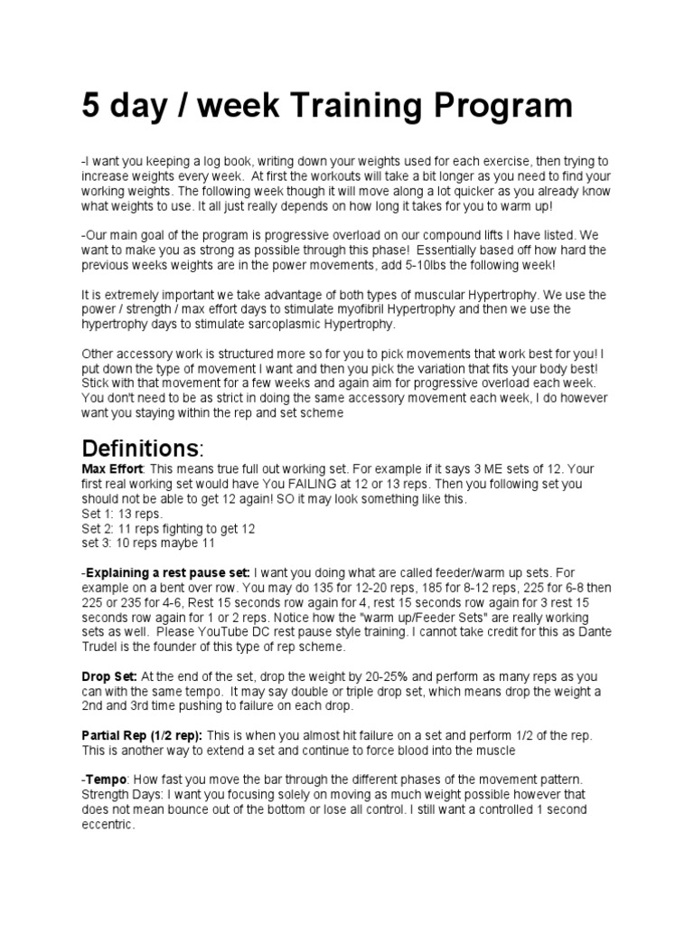 5 Day / Week Training Program: Definitions | PDF | Weight Training ...