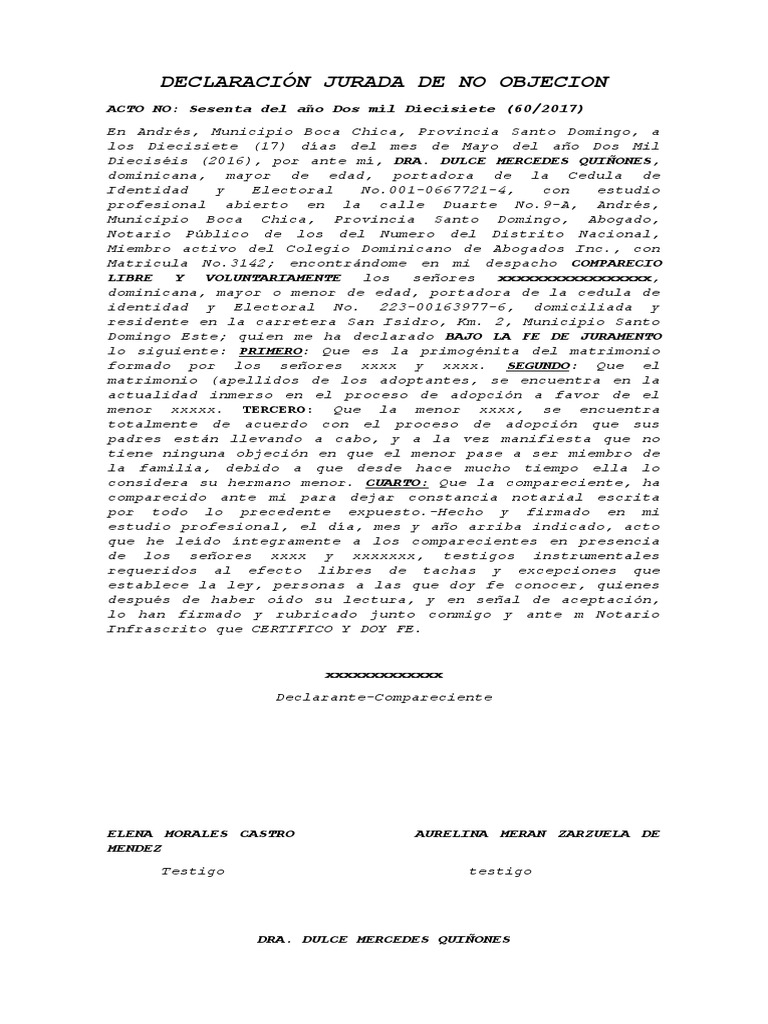 DECLARACIÓN JURADA DE NO OBJECION PDF