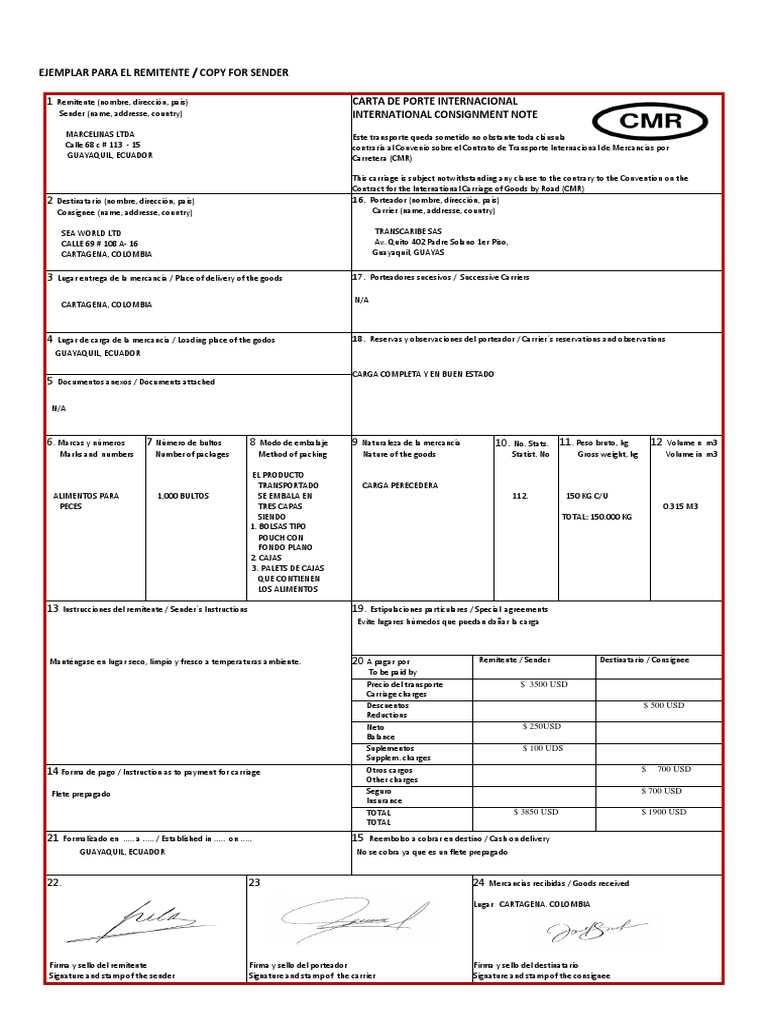 Ejemplo De Carta De Porte Internacional CMR PDF