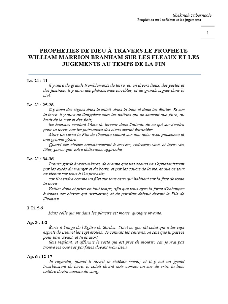 Propheties de Dieu À Travers Le Prophete William Marrion Branham | PDF ...
