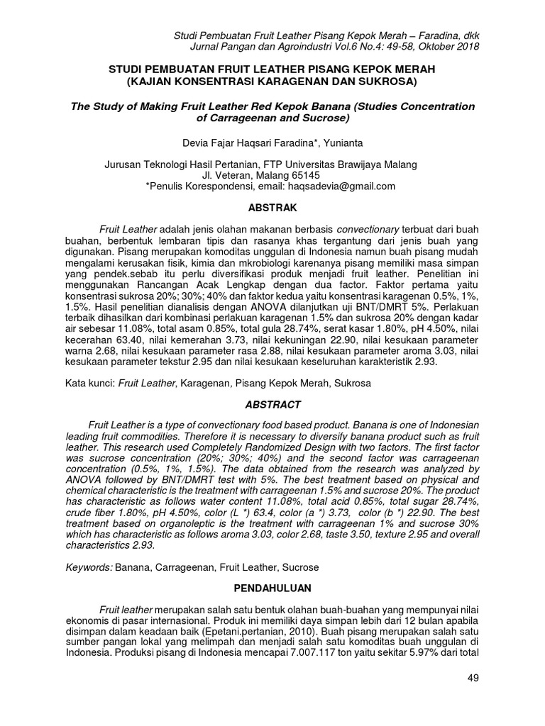 Studi Pembuatan Fruit Leather Pisang Kepok Merah K PDF