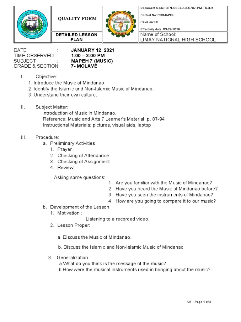 Lesson Plan 1st, 7 Molave Music | PDF | Behavior Modification | Learning