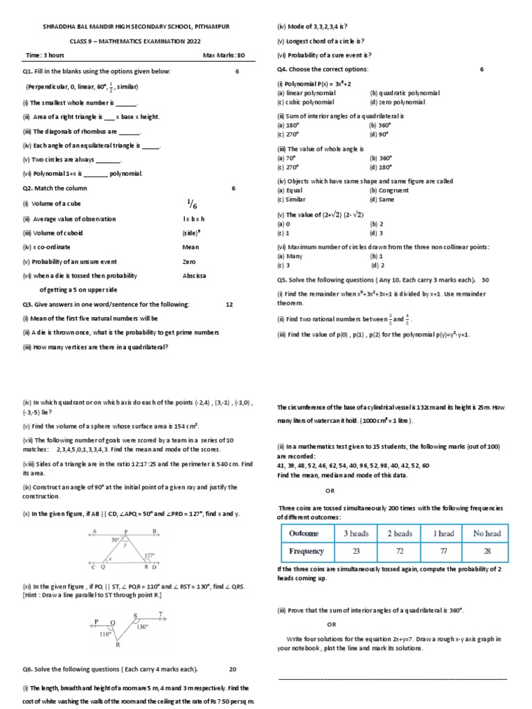 Class 9 Mathematics Paper 2022 PDF Triangle Area