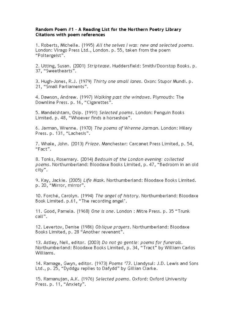 Random Poem 1 A Reading List For The Northern Poetry Library Citations With Poem References