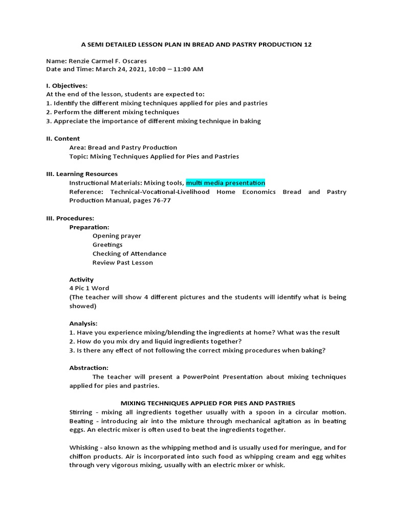 A Sime Detailed Lesson Plan in Bread and Pastry Production 12 | PDF ...
