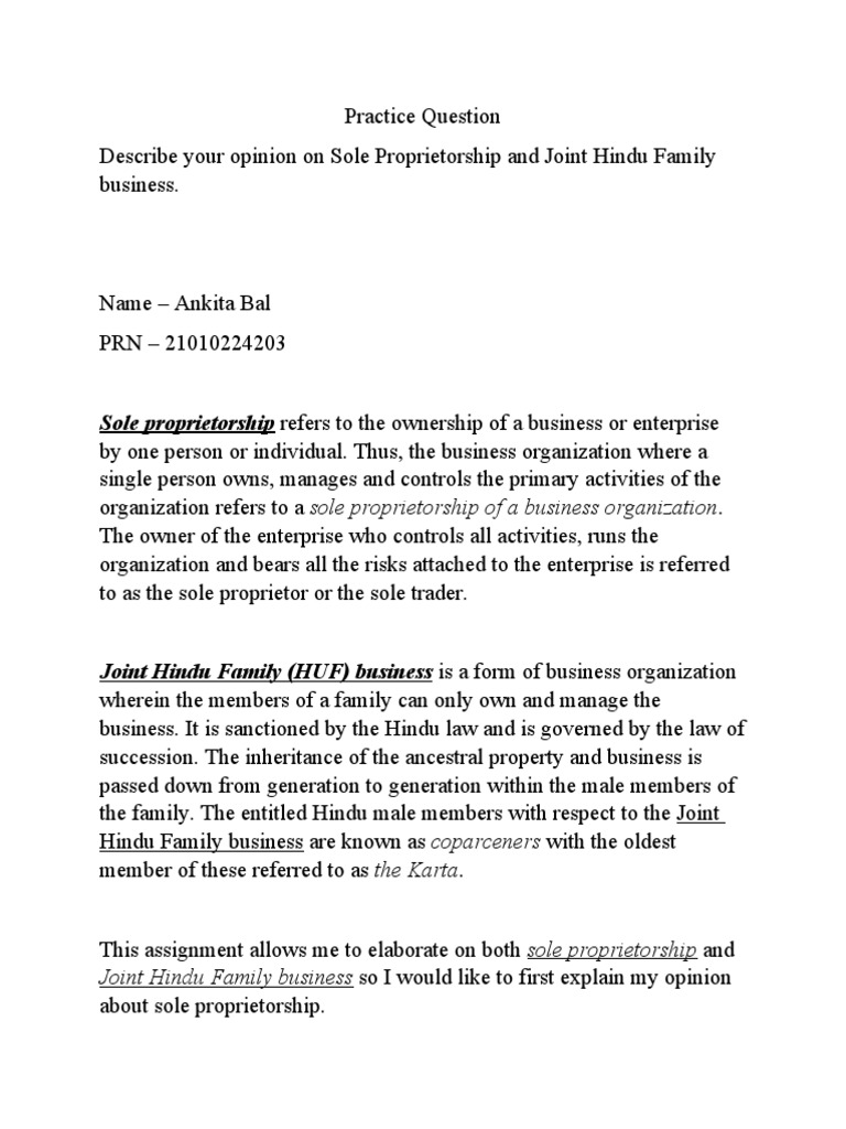 Practice Question On Sole Proprietorship and Joint Hindu Family