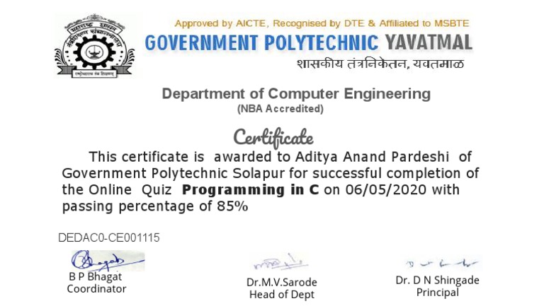 Certificate: Department of Computer Engineering | PDF