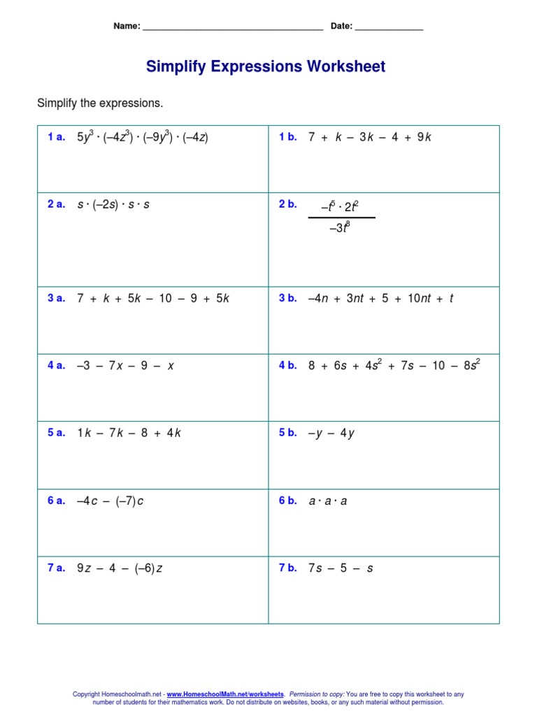 Simplify Expressions Worksheet-2 | PDF