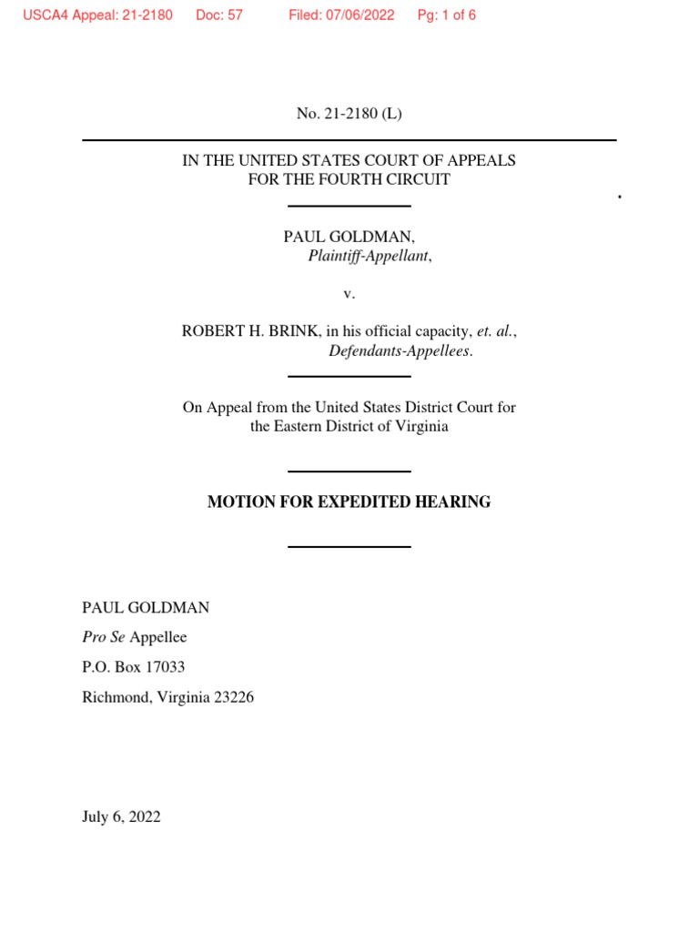 Goldman Motion For Expedited Hearing 7.6.22 PDF Supreme Court Of