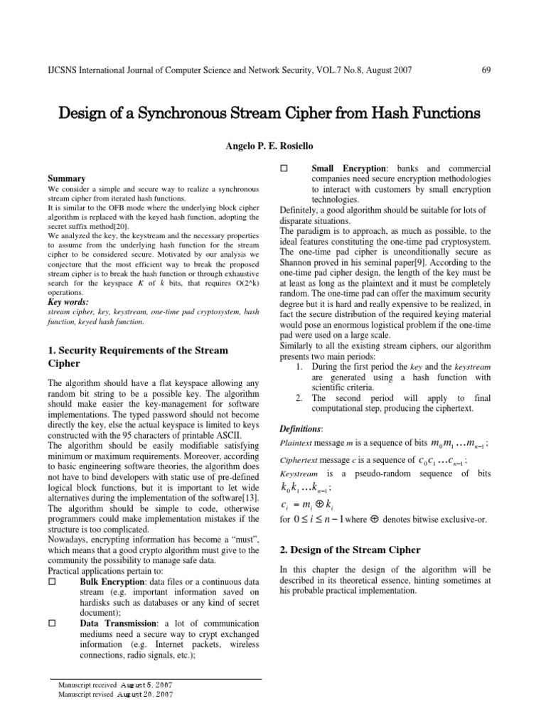 Synchronous Stream Cipher Design | PDF | Key (Cryptography) | Cipher