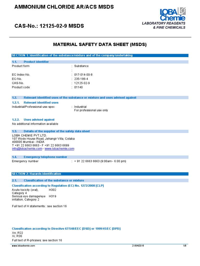 Material Safety Data Sheet (MSDS) SECTION 1 Identification of The