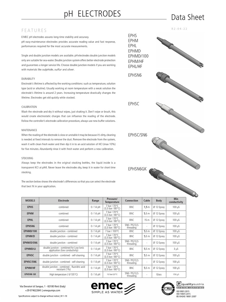 PH Electrodes Data Sheet PDF Ph Materials