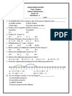 Asian World School Topic-Integers Subject: Mathematics Grade: VII Worksheet - 1