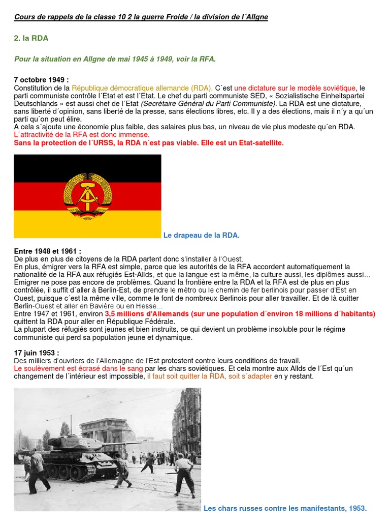 La RDA : Histoire et Émigration vers la RFA | PDF | Allemagne de l'Est ...