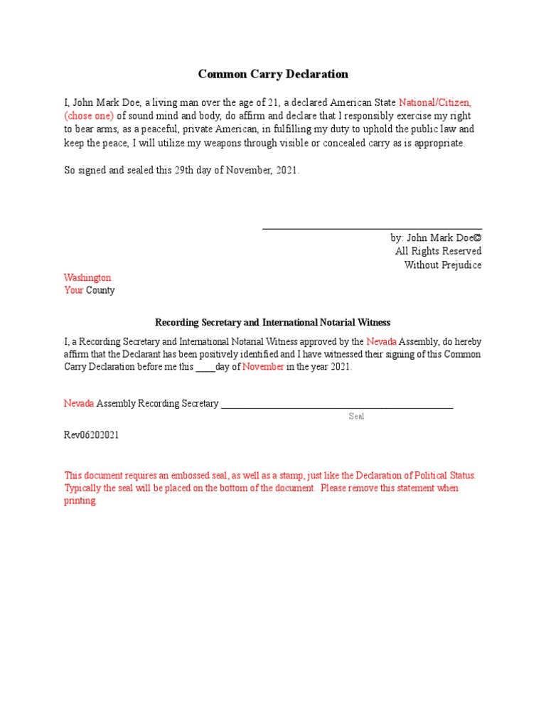 Common Carry Declaration: National/Citizen, (Chose One) | PDF
