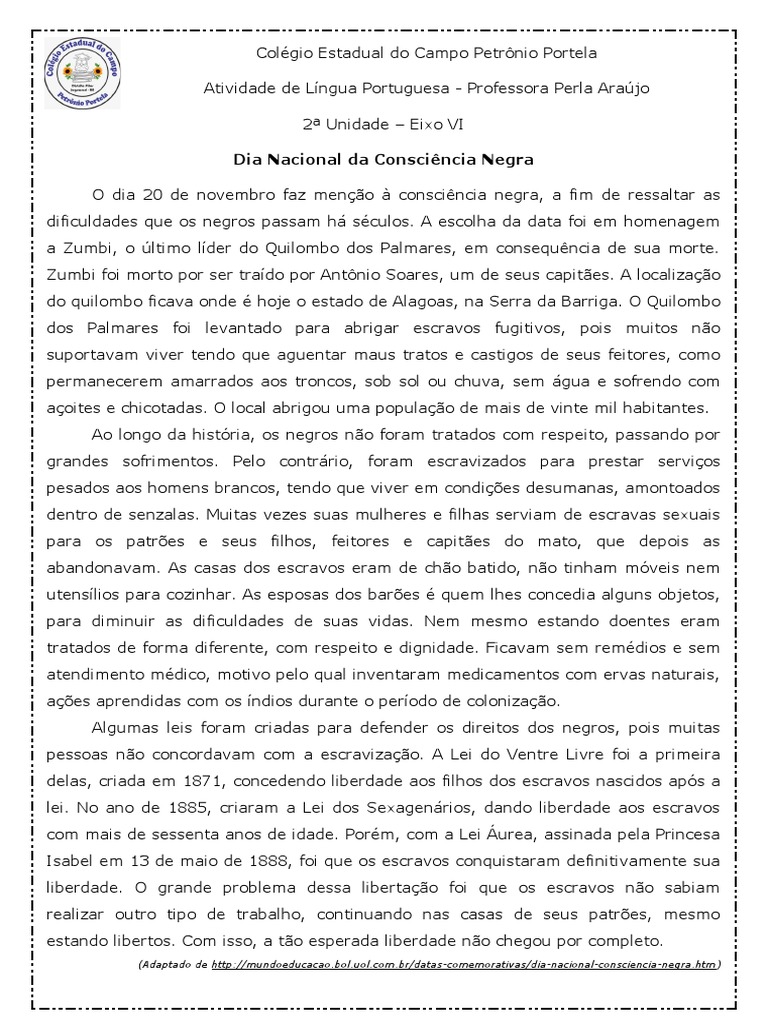 Atividade de Interpretação de Texto Sobre Consciência Negra | PDF ...