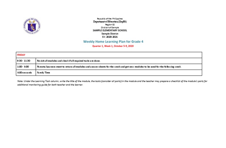 Weekly Home Learning Plan For Grade 4: Quarter 1, Week 1, October 5-9 ...