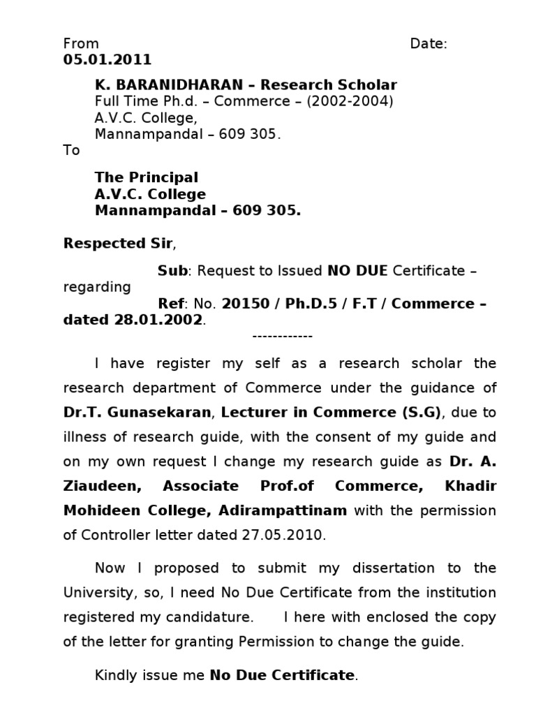 Request for No Due Certificate | PDF | Doctor Of Philosophy