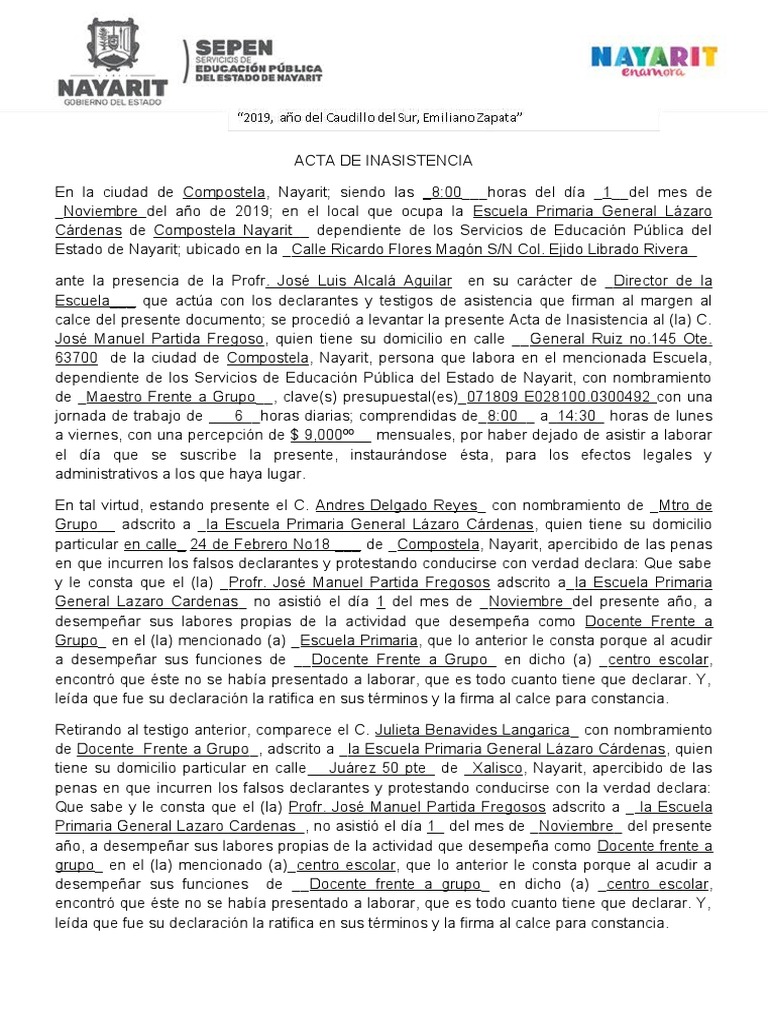 Acta de Inasistencia | PDF