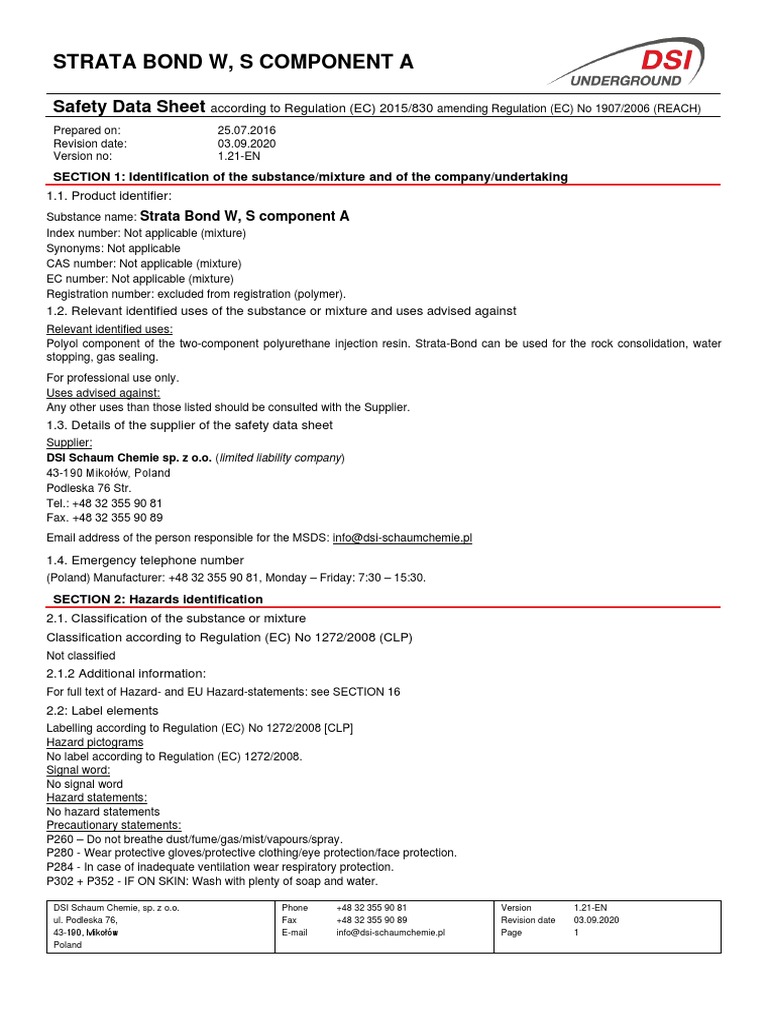 MSDS Strata Bond W S Comp A 2020-09-03 en | PDF | Toxicity | Sewage ...