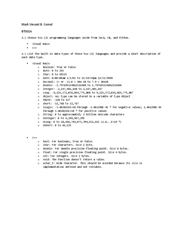 Data Types in Visual Basic and C++ | PDF | Data Type | Boolean Data Type