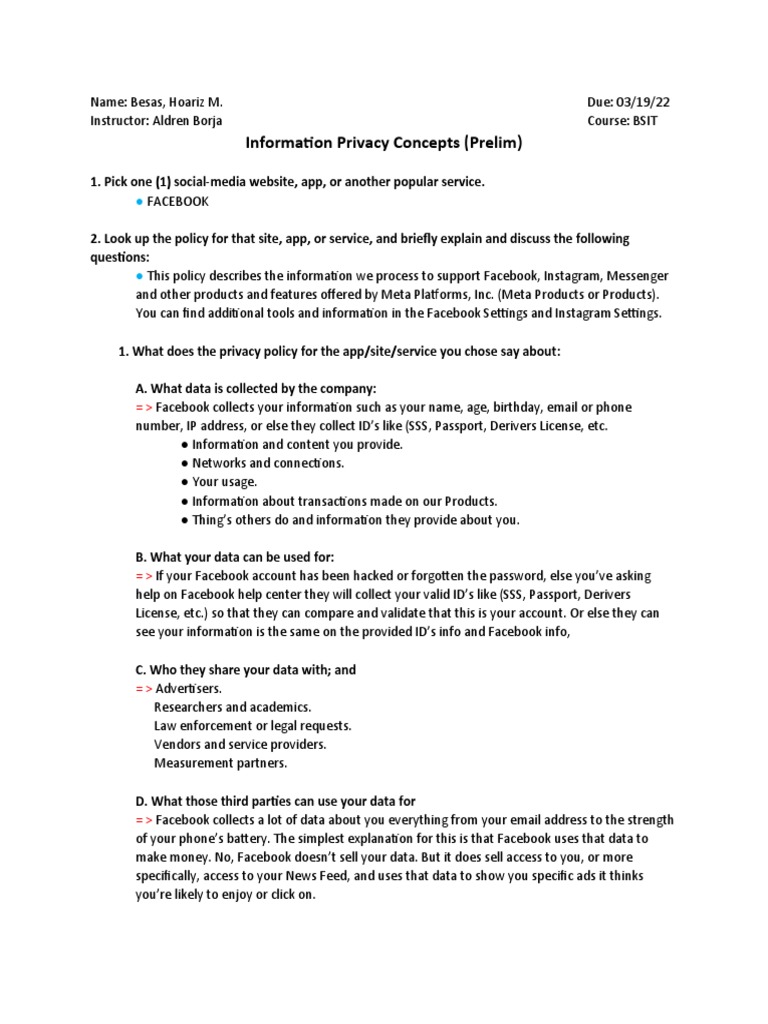 02 Task Performance 1 Prelim Exam Arg Pdf Facebook Privacy