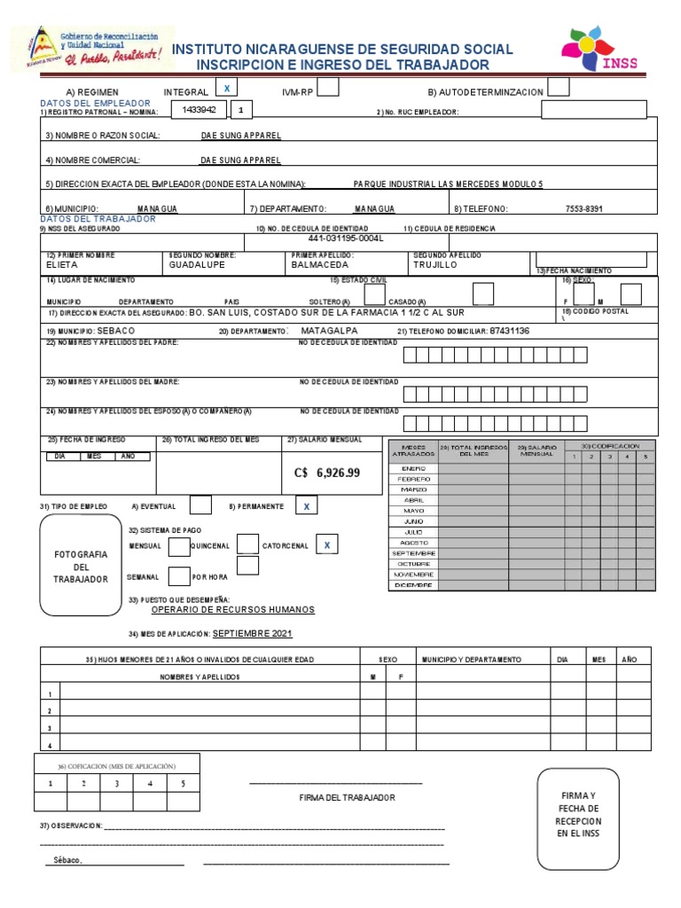 Inscripción de Trabajador al INSS | PDF | Nicaragua