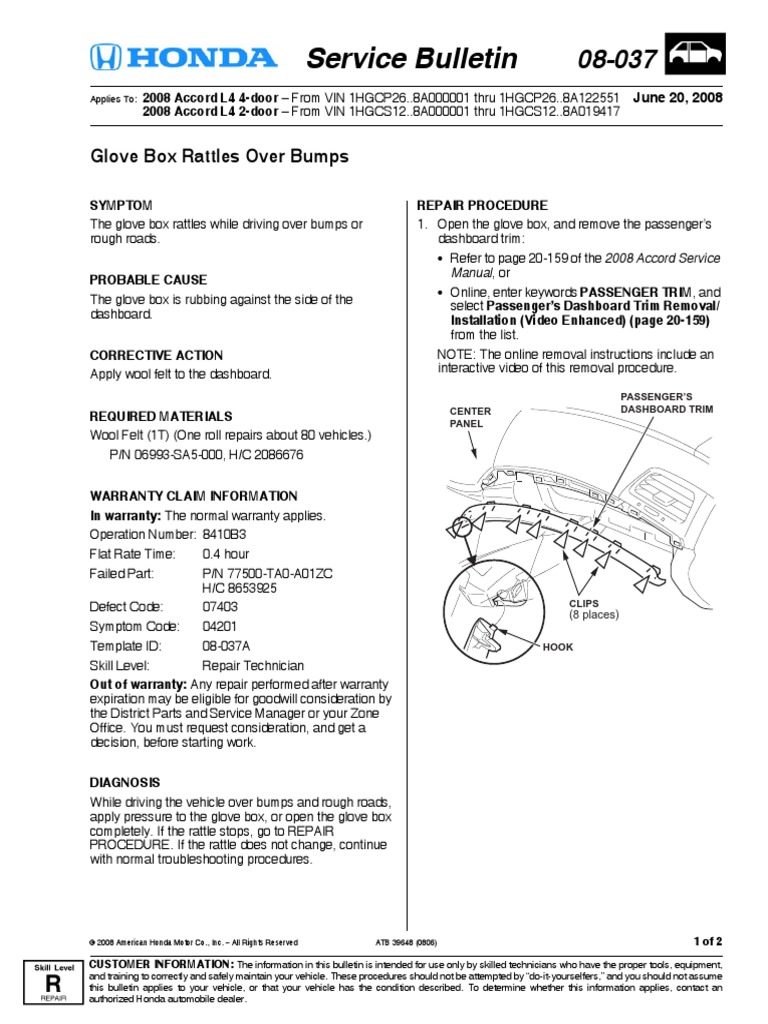 08 L4 Glove Box Rattle 08037 PDF Land Vehicles Manufactured Goods