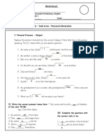 Worksheet: Topic: Subject - Verb To Be - Personal Information
