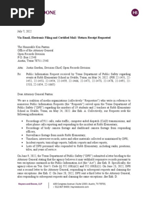 Media Coalition Letter to Texas AG regarding Texas DPS requests